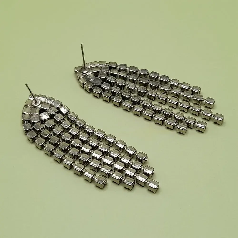 Vintage Clear Rhinestone Fringe Post Earrings, 1980s, 2 1/2 Inches - Picture 4 of 9